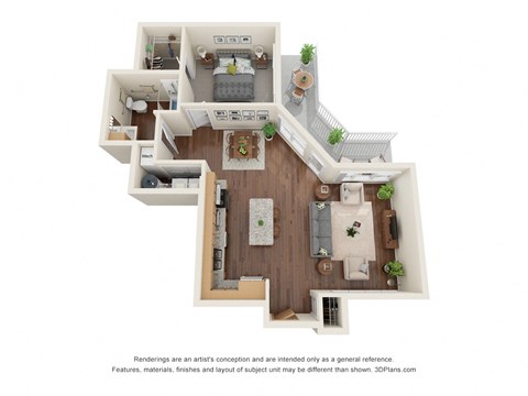 Floor plan for 1 bed, 1 bath, 799 sqft